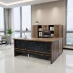 Bureau de Direction UCDA 160 cm - Bois MDF + Façade Effet Marbre Noir avec Caisson et Retour