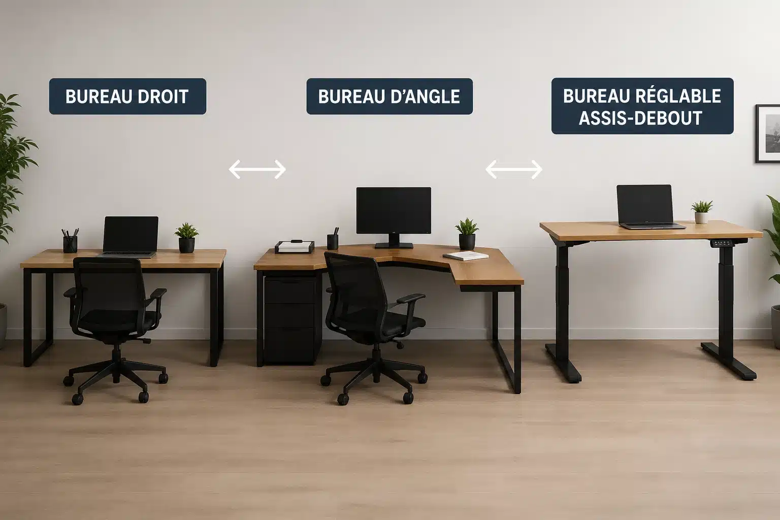 Comparatif visuel entre bureau droit, bureau d'angle et bureau réglable