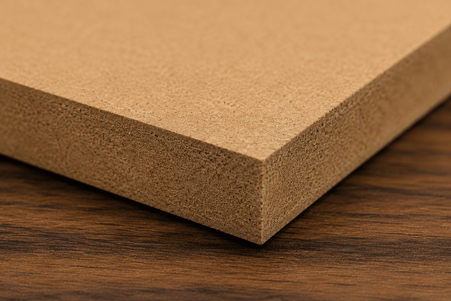 Gros plan sur la tranche d'un panneau MDF montrant sa texture homogène et sa densité uniforme