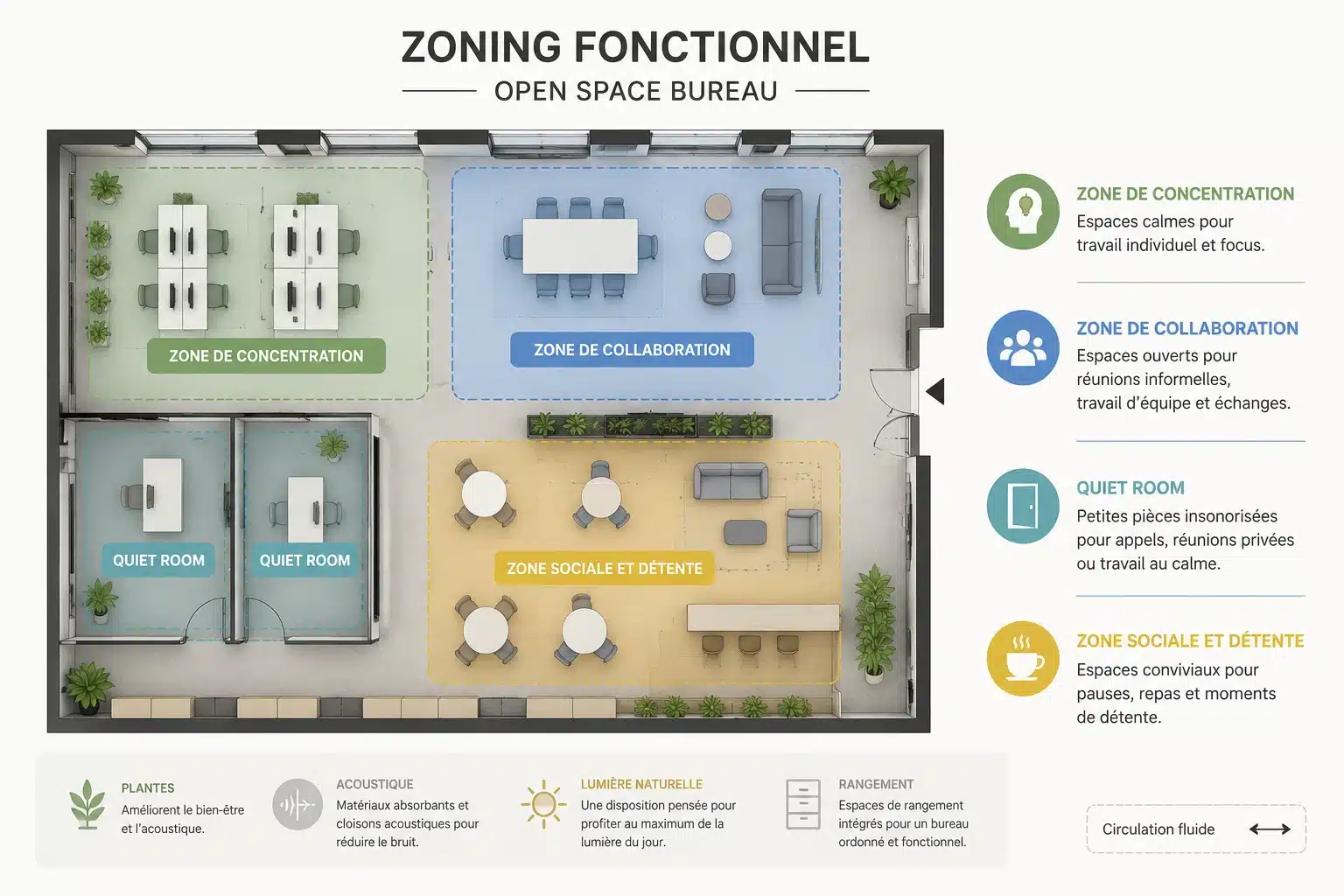 Zoning fonctionnel open space bureau PME Maroc