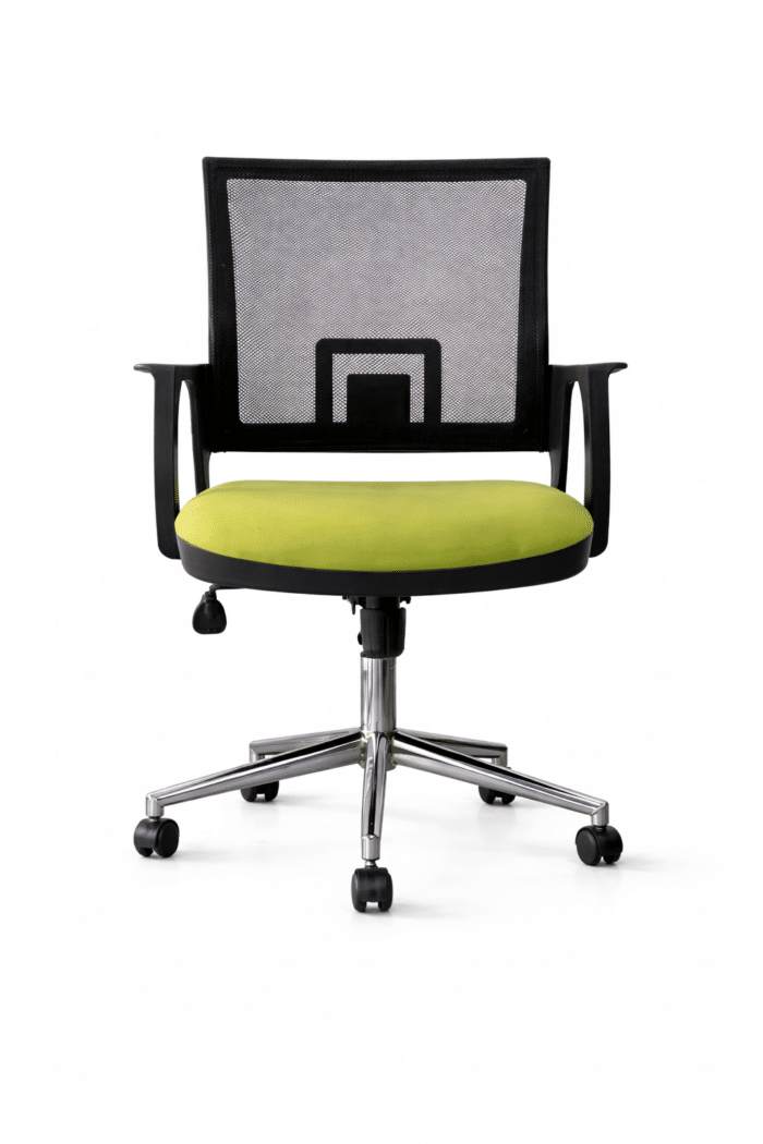 Chaise opérateur ergonomique en mesh – Assise verte – Piètement chrome – Image 2