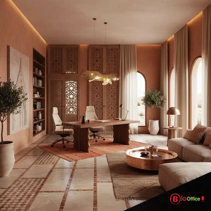 Exemple de bureau professionnel aménagé au Maroc avec matériaux naturels