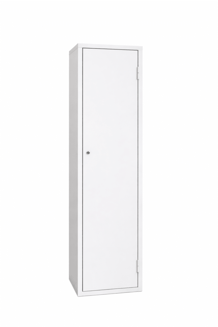 Armoire métallique blanche détail portes battantes serrure