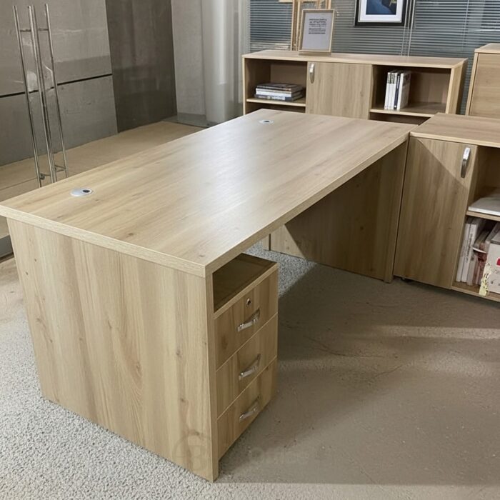 Bureau d’Angle avec Retour + Caisson Rangement & 3 Tiroirs - Finition Chêne Clair Dimension 160 cm , 180 cm , 200 cm – Image 2