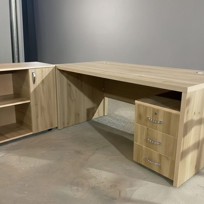 Bureau d’Angle avec Retour + Caisson Rangement & 3 Tiroirs - Finition Chêne Clair Dimension 160 cm , 180 cm , 200 cm – Image 4