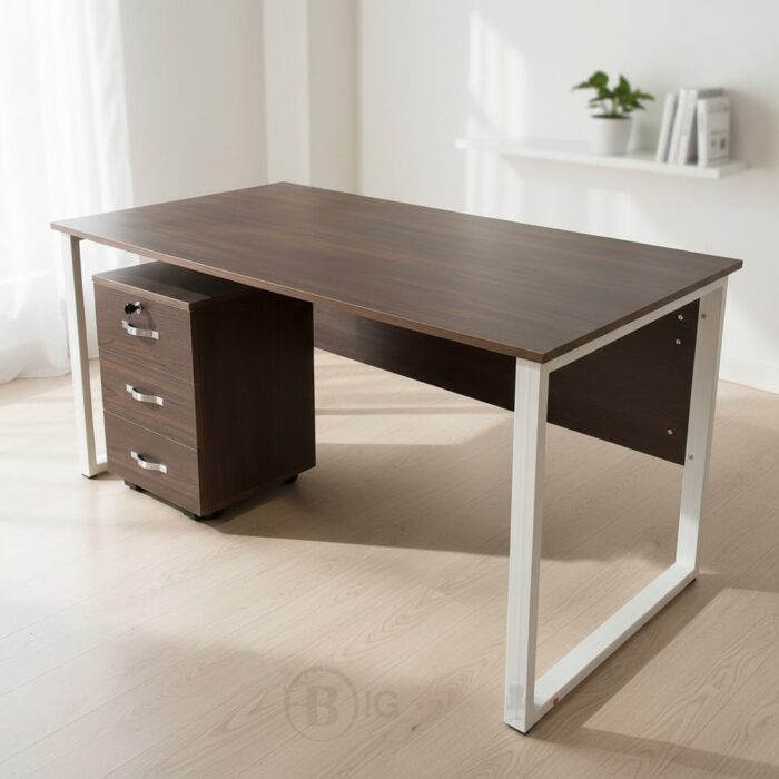 Bureau de Bureau Professionnel 160x80 cm avec Caisson à Tiroirs - Structure Métal Blanc & Plateau Bois – Image 3