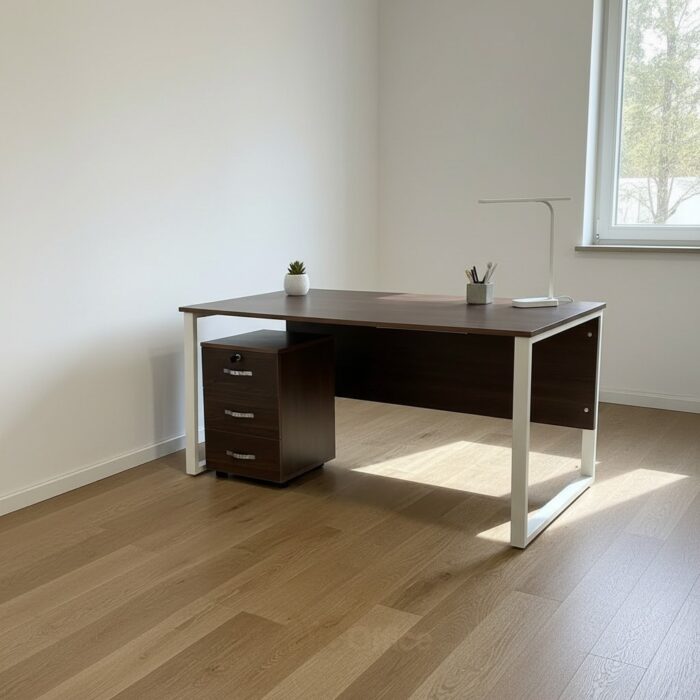 Bureau de Bureau Professionnel 160x80 cm avec Caisson à Tiroirs - Structure Métal Blanc & Plateau Bois – Image 4