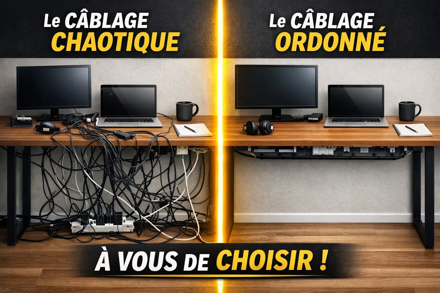 Avant et après l’organisation des câbles dans un bureau professionnel