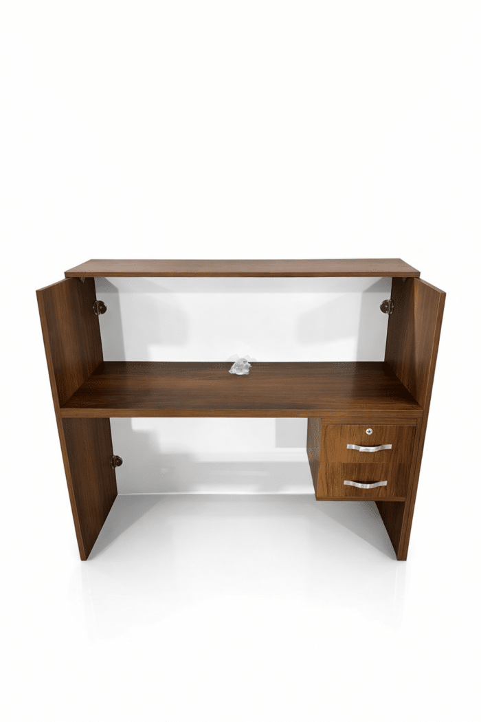 Comptoir d’accueil moderne en MDF avec finition bois et façade blanche design doré – Image 3
