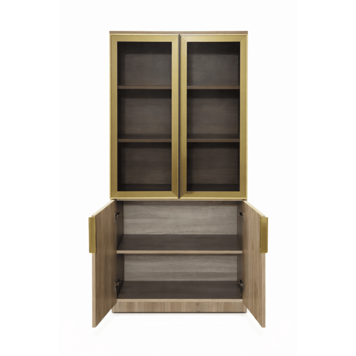Bibliothèque vitrine MDF H 180 x L 80 x P 40 cm avec portes vitrées – Finition bois & cadre doré – Image 2