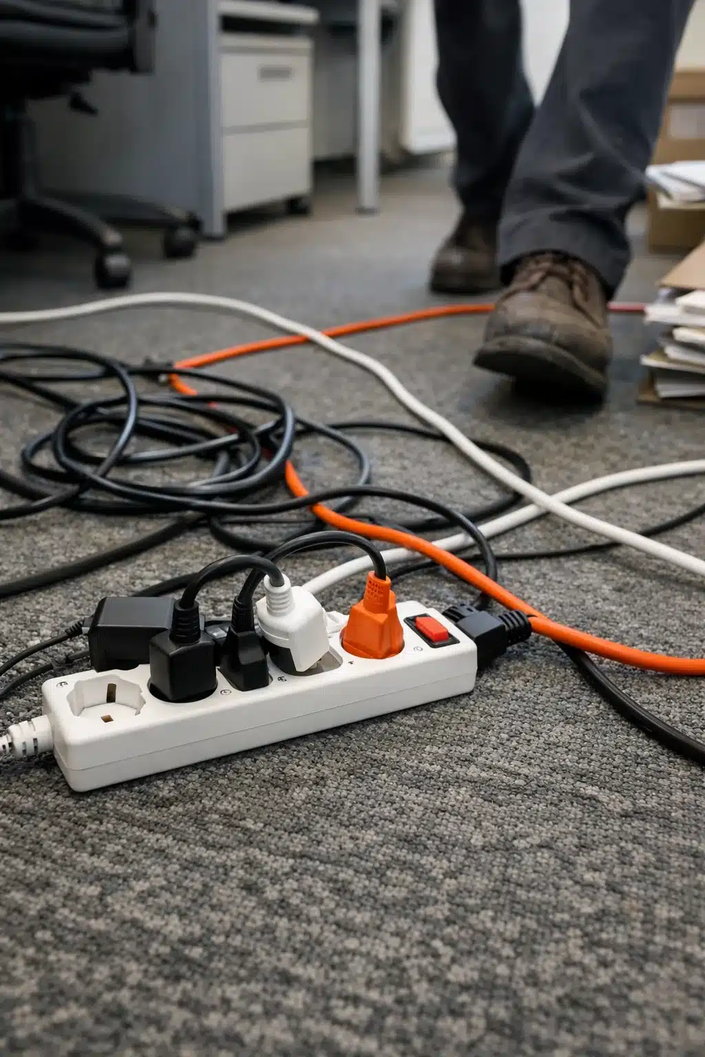 Câbles électriques au sol dans un bureau, source de désordre et de risques