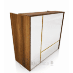 Comptoir d’accueil moderne en MDF avec finition bois et façade blanche design doré