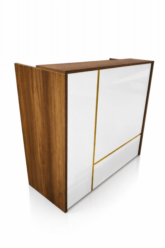 Comptoir d’accueil moderne en MDF avec finition bois et façade blanche design doré – Image 2