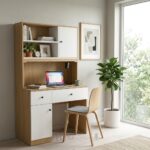 Bureau avec bibliothèque intégrée en bois MDF – Blanc & Chêne clair – Image 4
