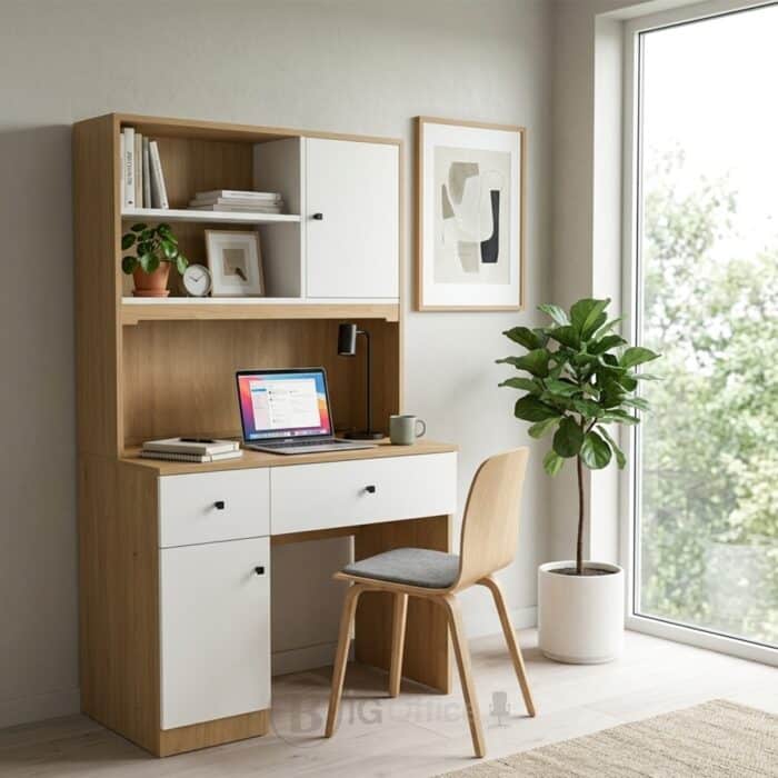 Bureau avec bibliothèque intégrée en bois MDF – Blanc & Chêne clair – Image 4