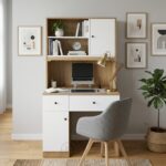 Bureau avec bibliothèque intégrée en bois MDF – Blanc & Chêne clair – Image 5
