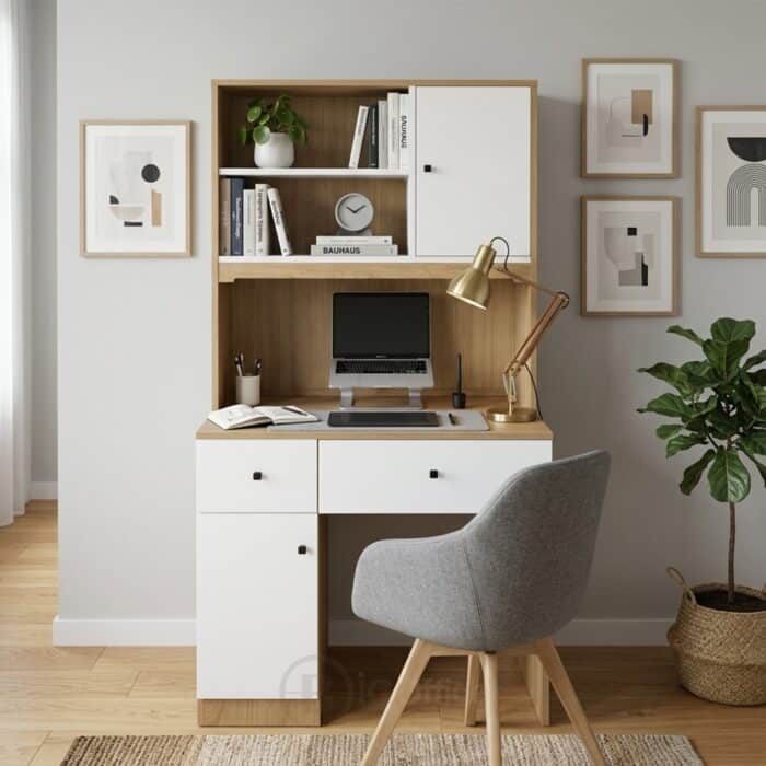 Bureau avec bibliothèque intégrée en bois MDF – Blanc & Chêne clair – Image 5