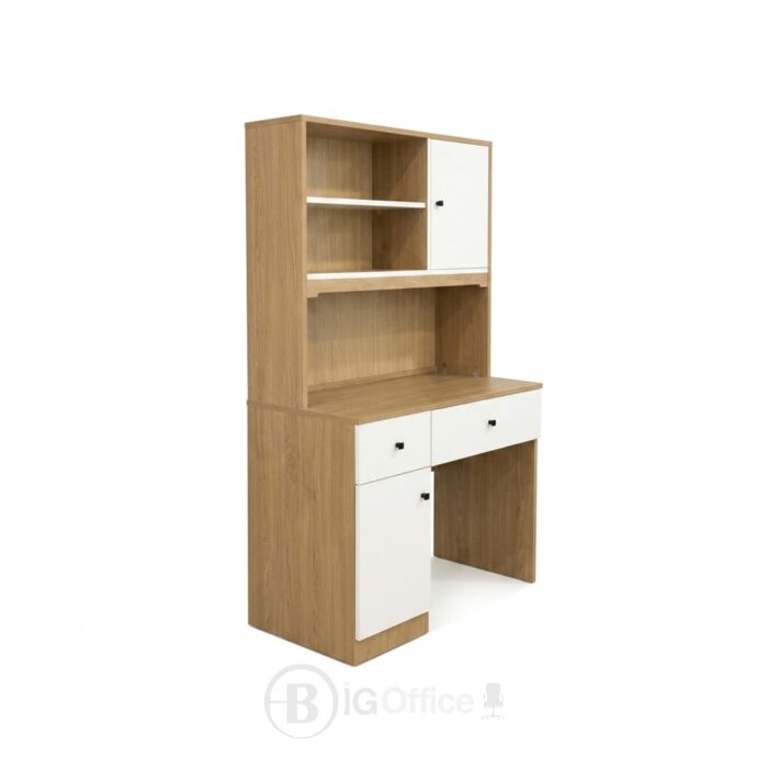 Bureau avec bibliothèque intégrée en bois MDF – Blanc & Chêne clair – Image 2