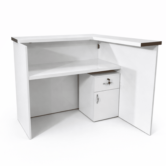 Comptoir d’accueil moderne en bois rainuré et blanc – Design professionnel – Image 2