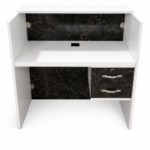 Comptoir d’accueil moderne MDF blanc avec façade marbre noir – Réception bureau Maroc