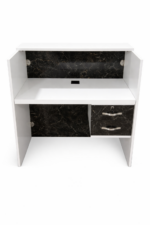 Comptoir d’accueil moderne MDF blanc avec façade marbre noir – Réception bureau Maroc