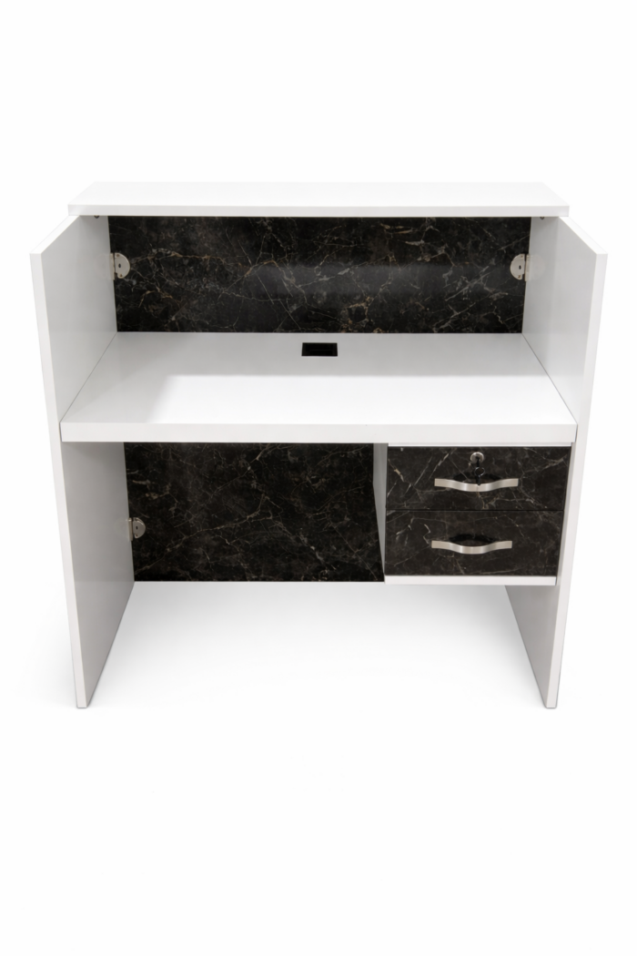 Comptoir d’accueil moderne MDF blanc avec façade marbre noir – Réception bureau Maroc – Image 2