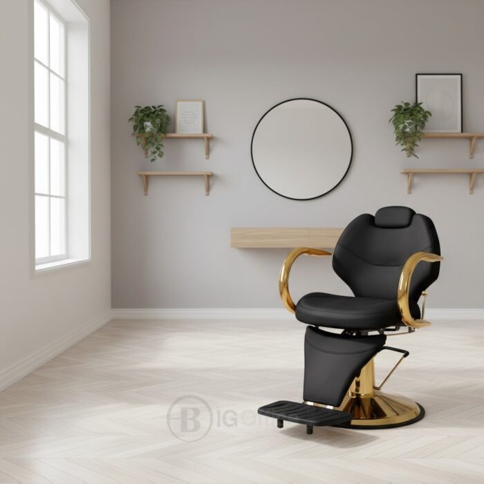 Fauteuil de barbier professionnel noir & doré – Hydraulique avec repose-pieds – Image 4