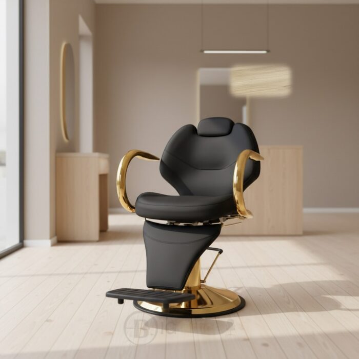 Fauteuil de barbier professionnel noir & doré – Hydraulique avec repose-pieds – Image 7