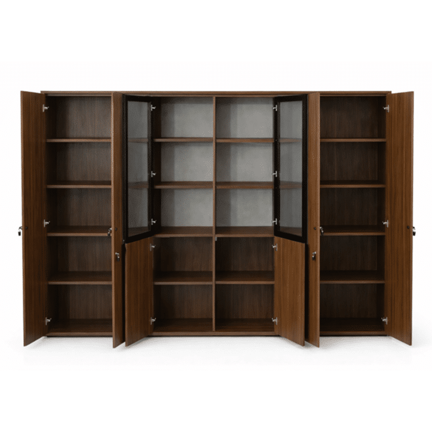 Bibliothèque bureau 240 cm – détail rangement et vitrine