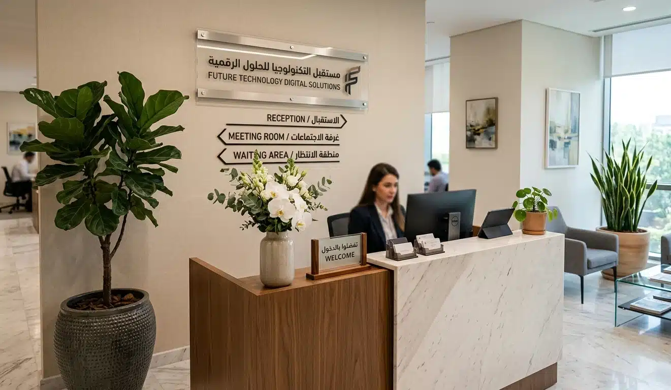 Détails décoratifs espace de réception professionnel — plantes et signalétique soignées