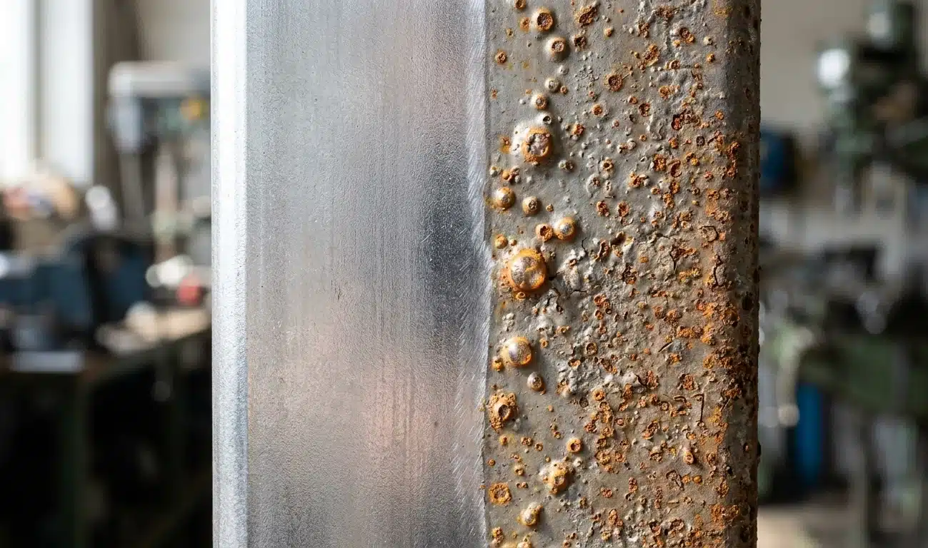 Photographie macro des stades de corrosion sur métal — de la surface passivée à la rouille profonde
