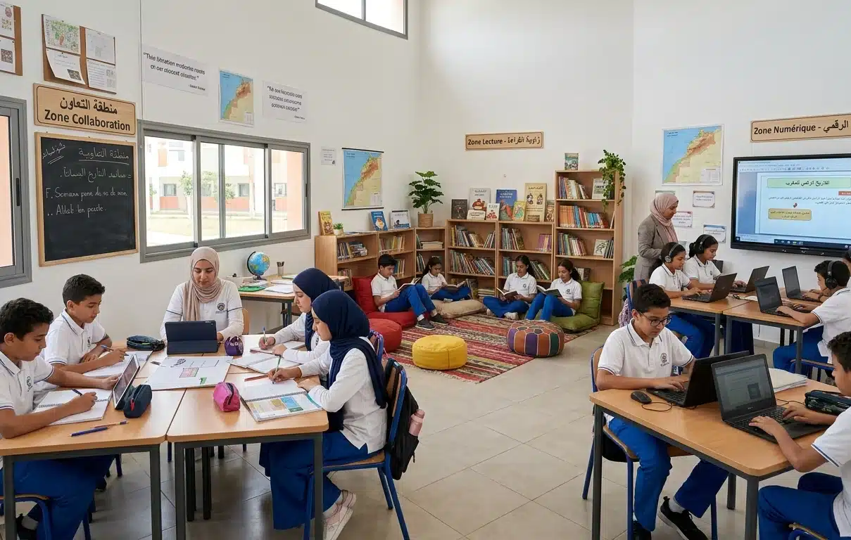 Zonage pédagogique salle de classe moderne Maroc — zones collaboration lecture numérique