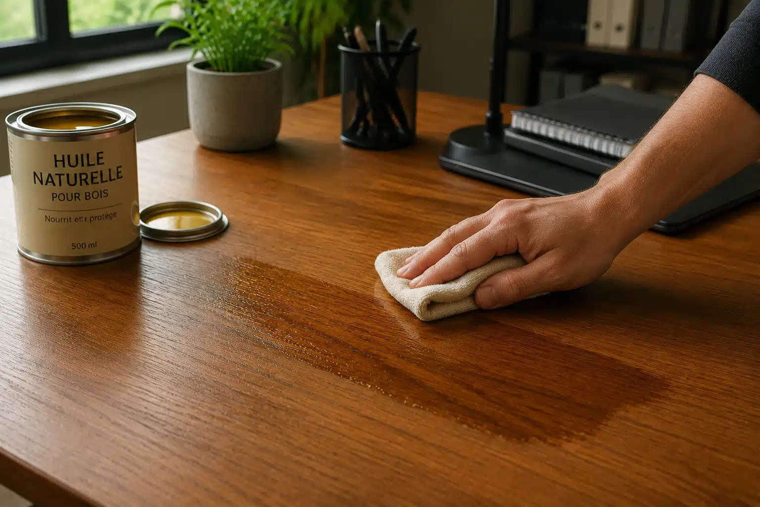 Application d'huile naturelle sur un plateau de bureau en bois massif