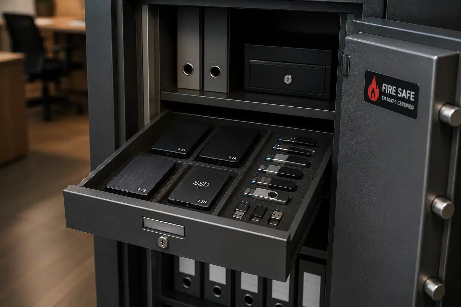 Disques durs et clés USB rangés dans une armoire ignifugée pour supports numériques