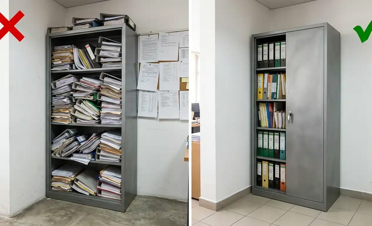 Comparaison : armoire métallique fixée au mur sans espace de ventilation vs. avec espace recommandé de 4 à 5 cm