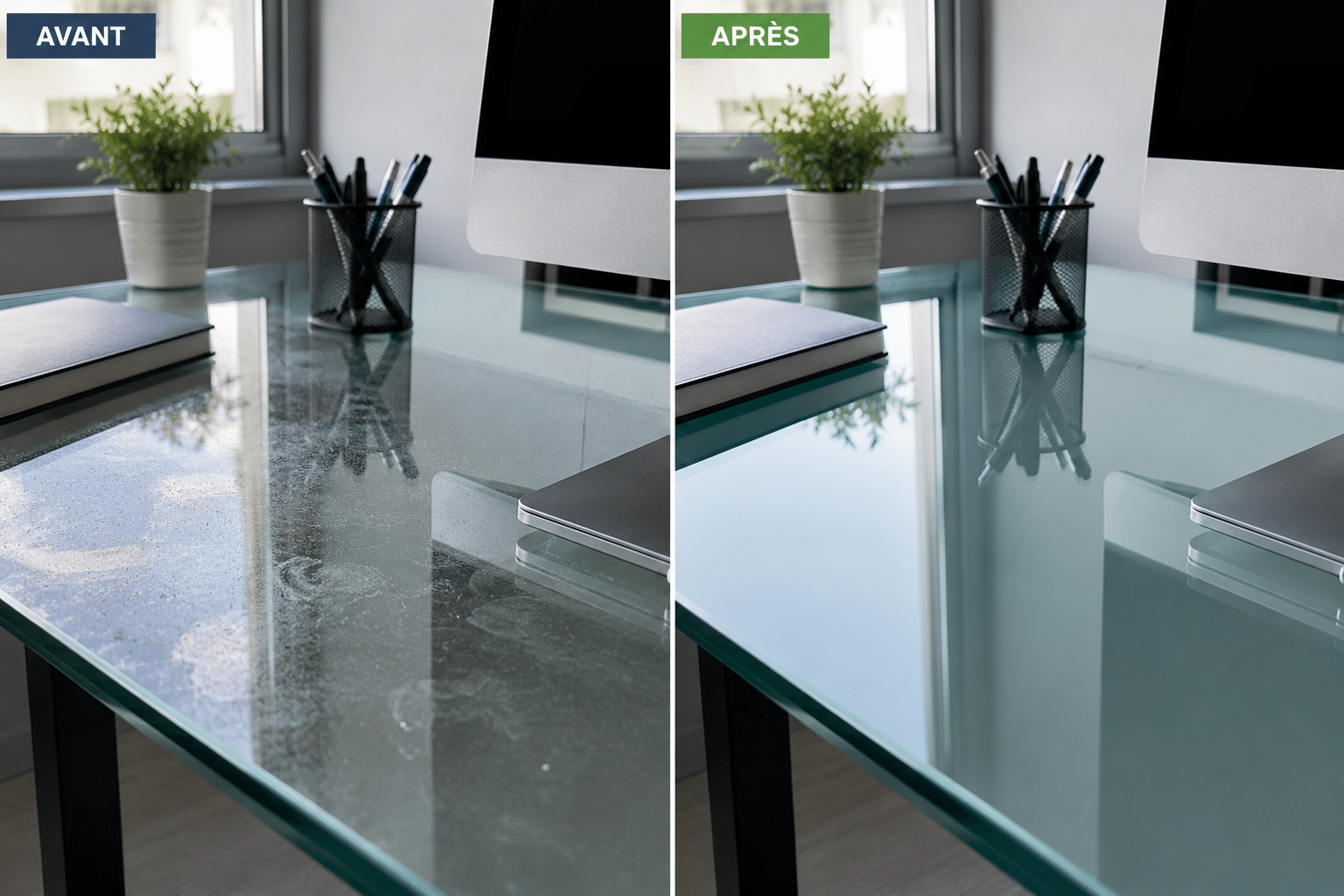 Avant et après nettoyage et protection d'un plateau de bureau en verre