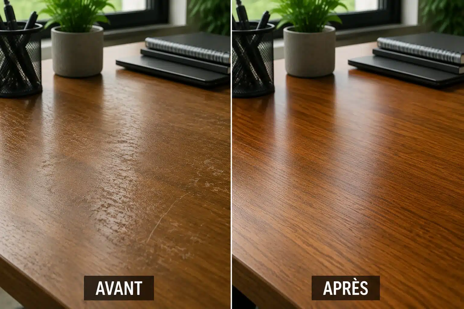 Avant et après l'entretien en profondeur d'un bureau en bois