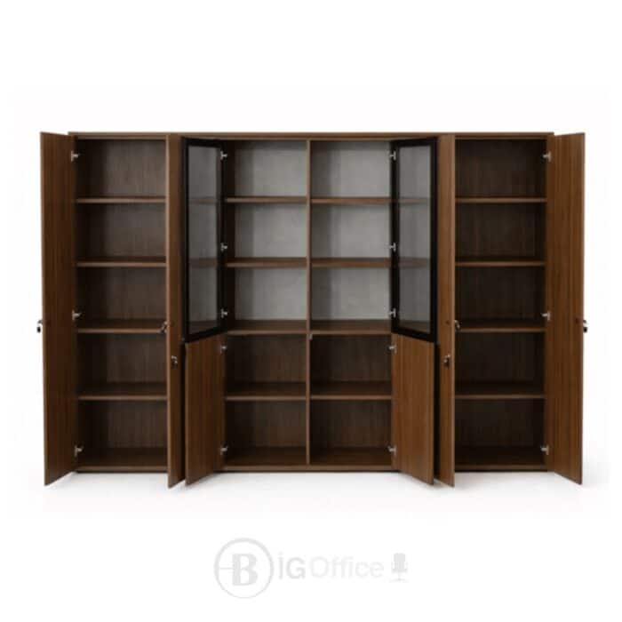 Bibliothèque Bureau en Bois 240 cm avec Vitrine Centrale et Rangement Sécurisé – Image 2