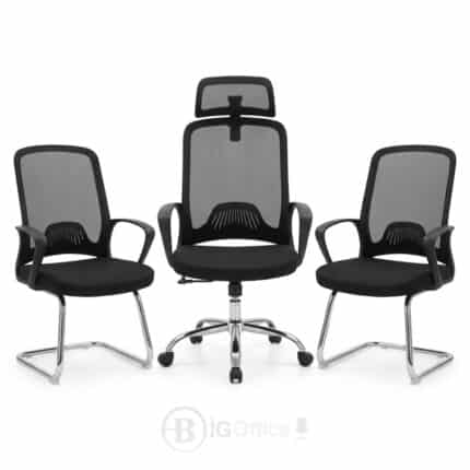 Pack Chaise Bureau Ergonomique Mesh + 2 Chaises Visiteurs Noir BigOffice