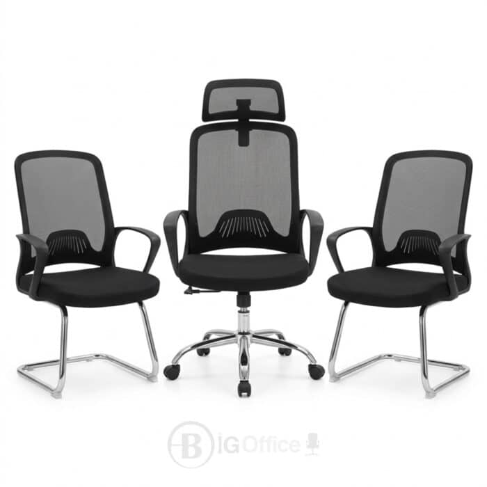 Pack chaise bureau ergonomique mesh + 2 chaises visiteurs noir – Image 9