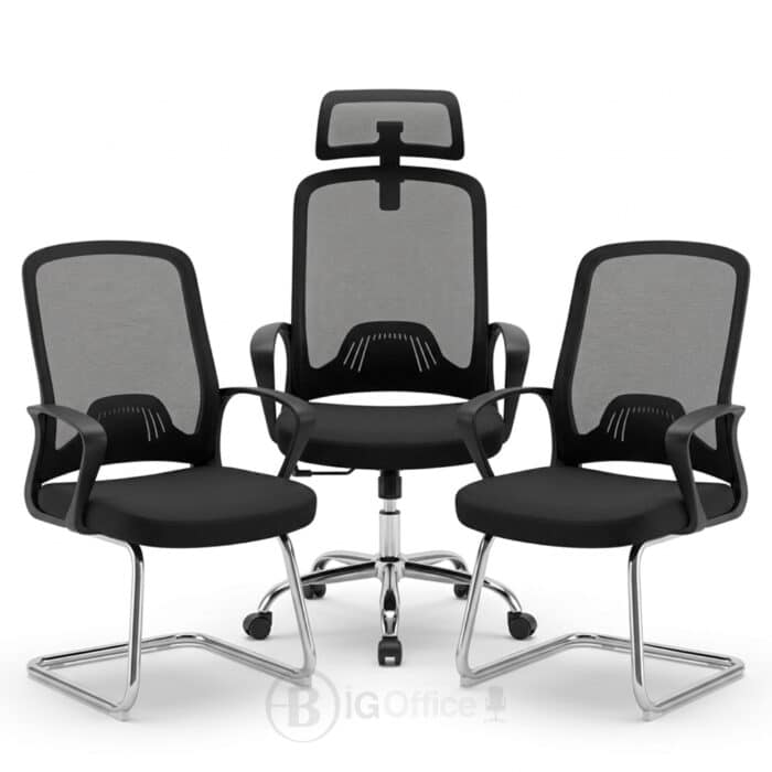 Pack chaise bureau ergonomique mesh + 2 chaises visiteurs noir – Image 12
