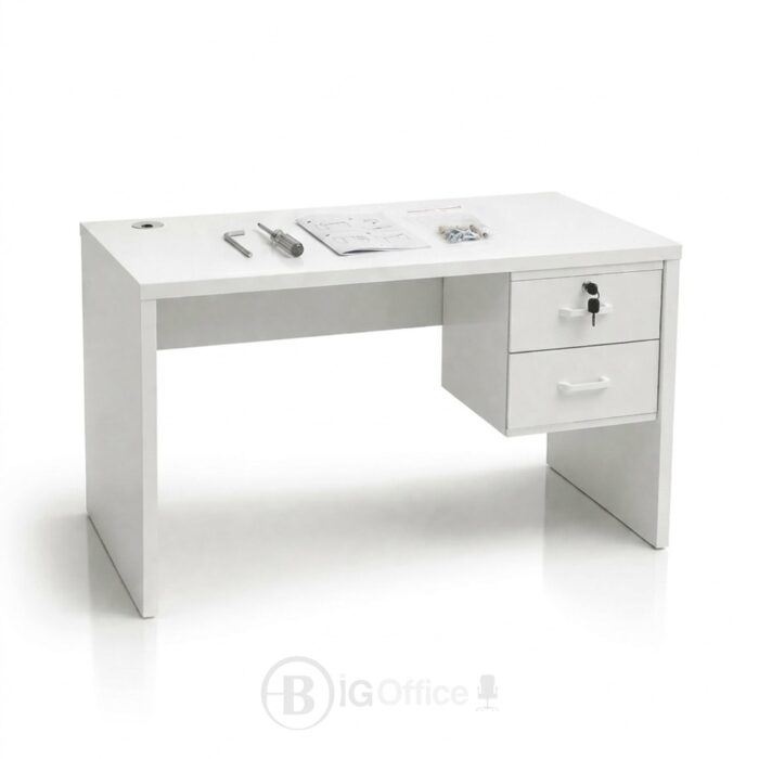 Bureau en bois MDF blanc 120x60 cm avec caisson 2 tiroirs – Design moderne – Image 2