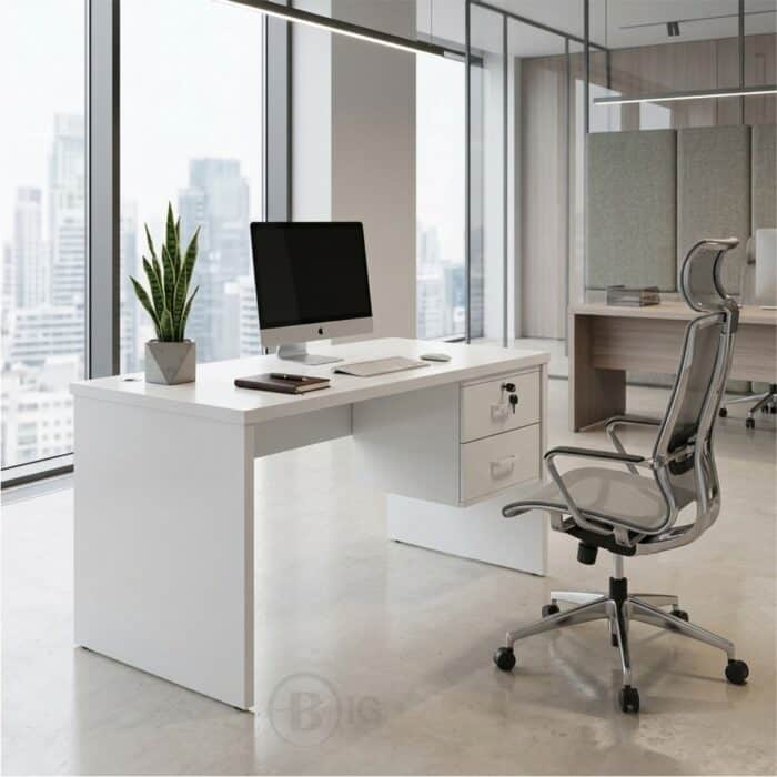 Bureau en bois MDF blanc 120x60 cm avec caisson 2 tiroirs – Design moderne – Image 3