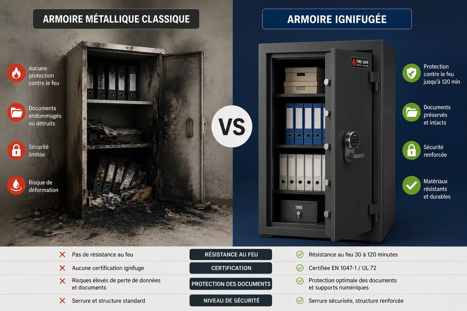 Comparatif visuel entre une armoire standard et une armoire ignifugée certifiée