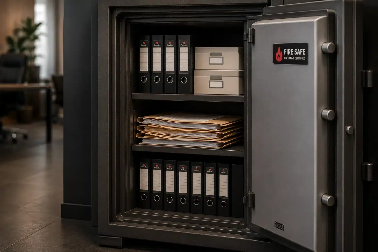 Dossiers et documents rangés à l'intérieur d'une armoire de sécurité ignifugée