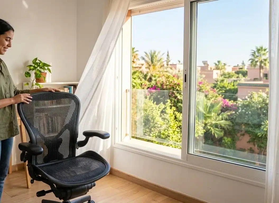 Chaise de bureau mesh en train de sécher naturellement à l'air libre dans un home office lumineux