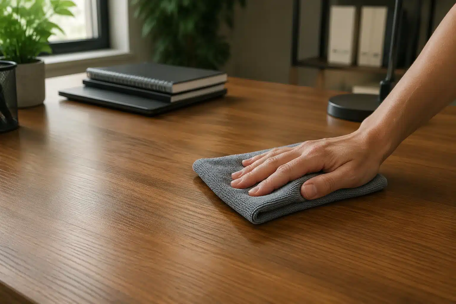 Nettoyage d'un plateau de bureau en bois avec un chiffon microfibre
