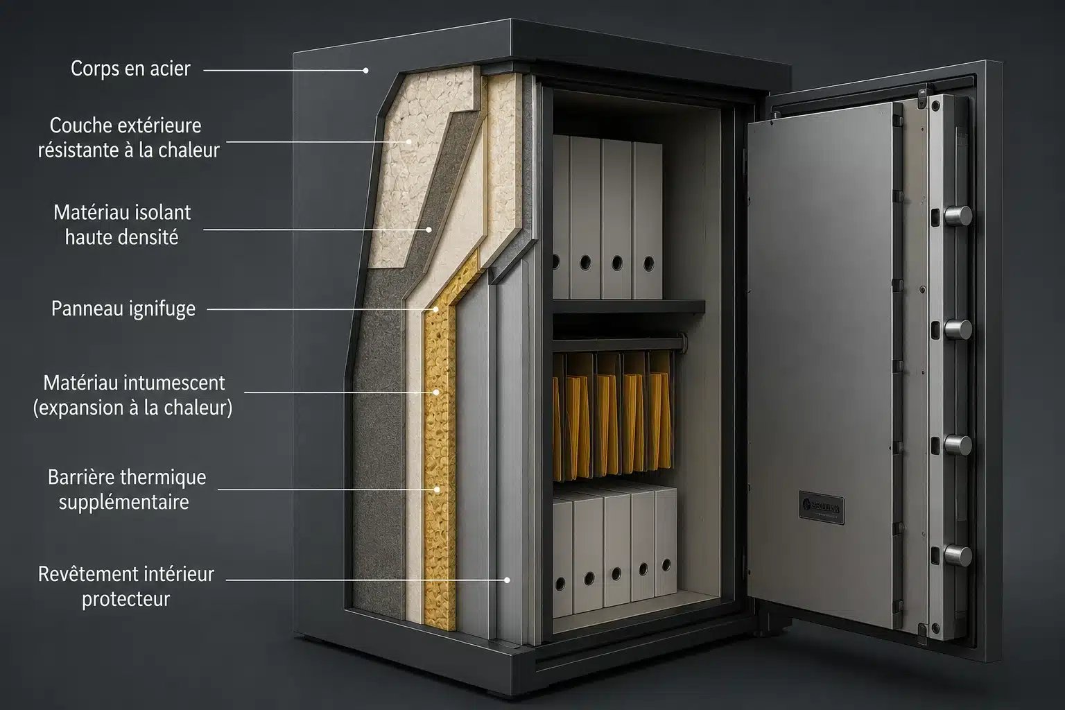 Coupe transversale d'une armoire ignifugée montrant les couches d'isolation thermique