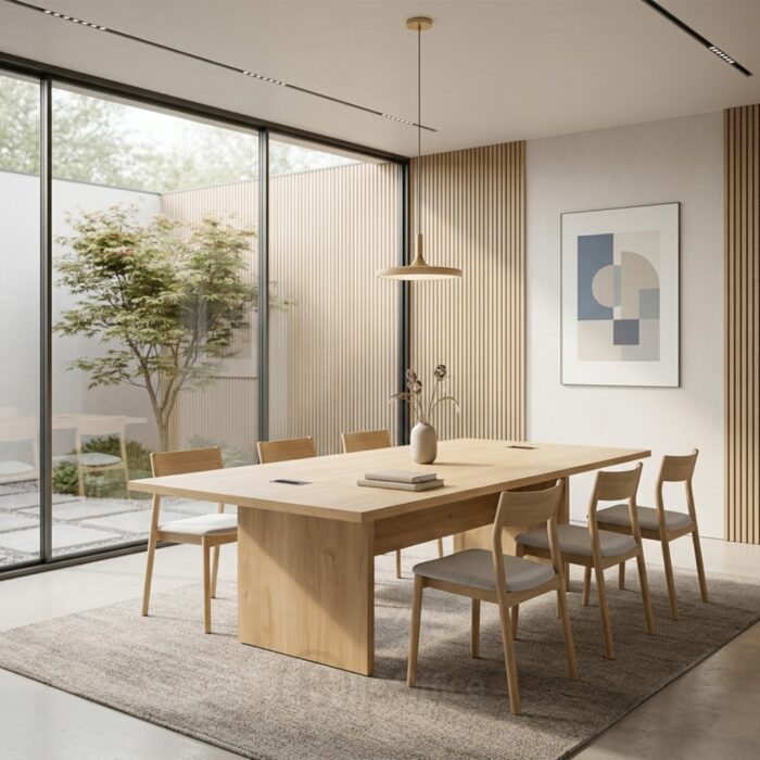 Table de réunion L 240 x l 120 x H 75 cm en bois avec passe-câbles aluminium – Image 3