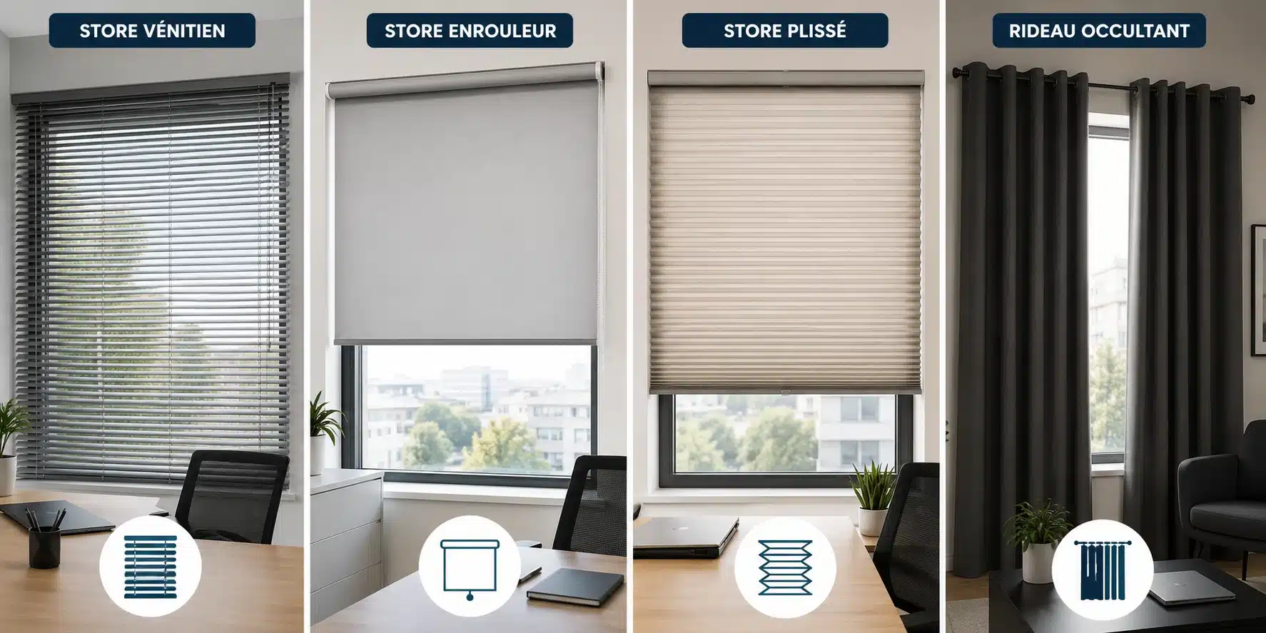 Différents types de stores et rideaux de bureau